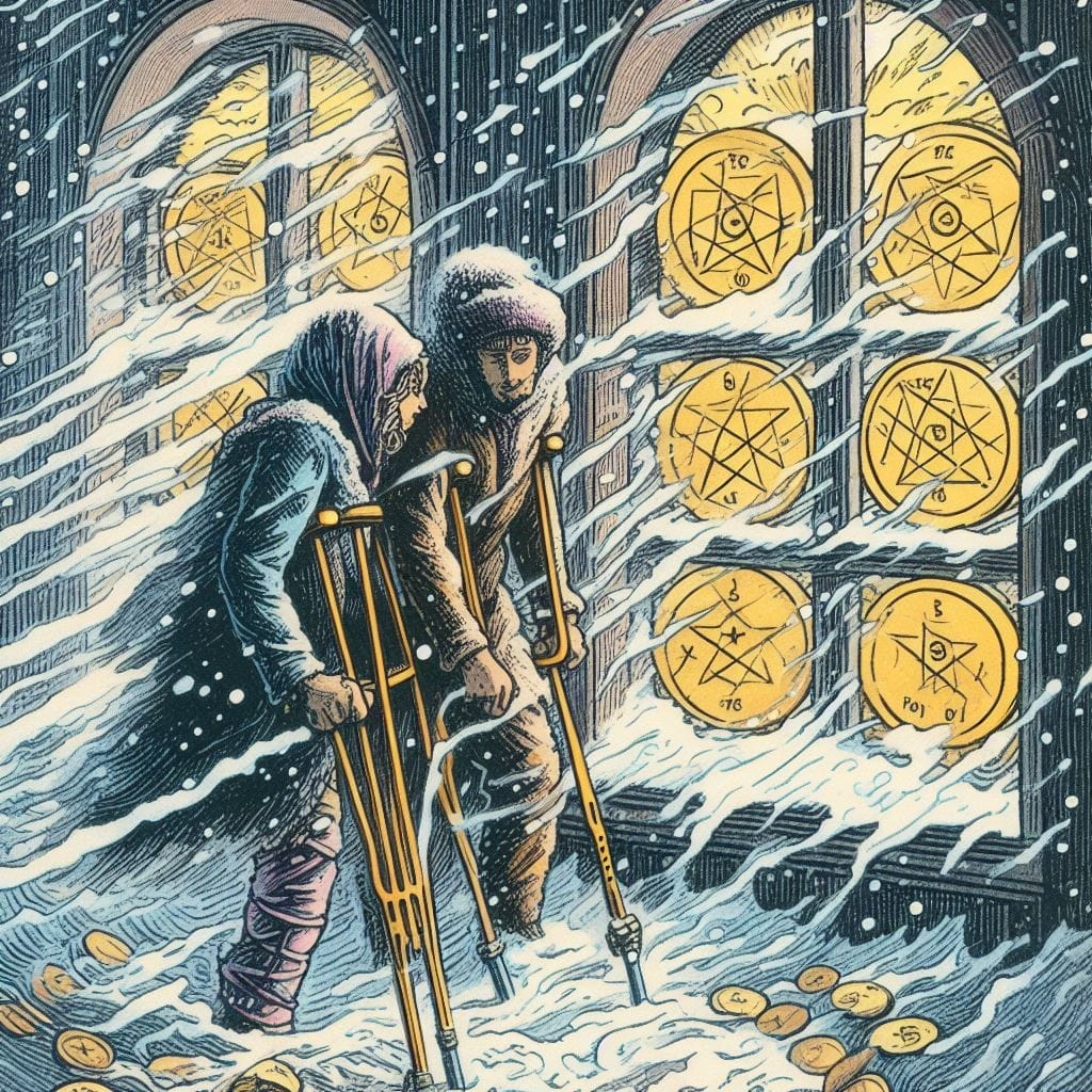 cartas del tarot con Hielo y Nieve el 5 de oros